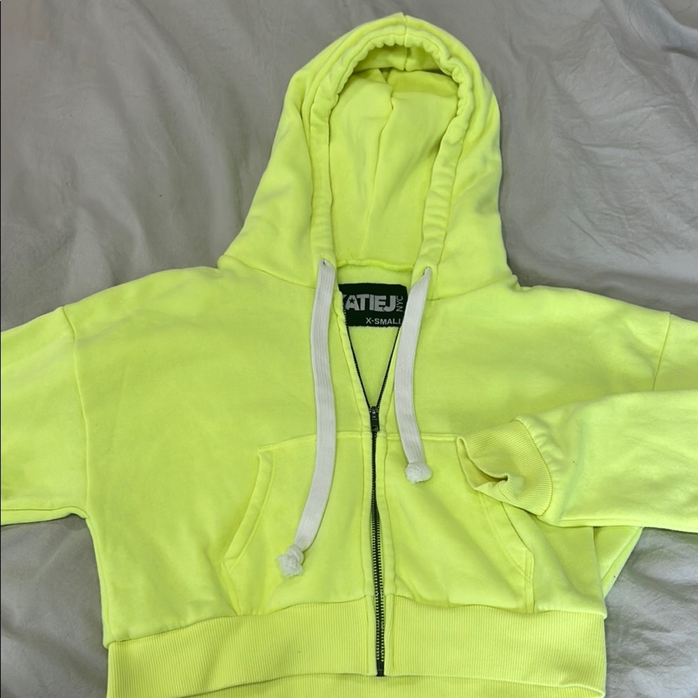 Katie J NYC Neon Yellow Cropped Hoodie Junior XS
